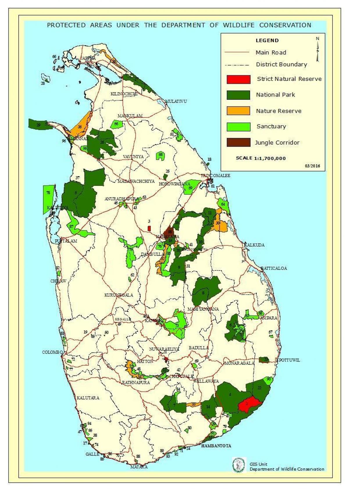 mapa de parques nacionales de Sri Lanka