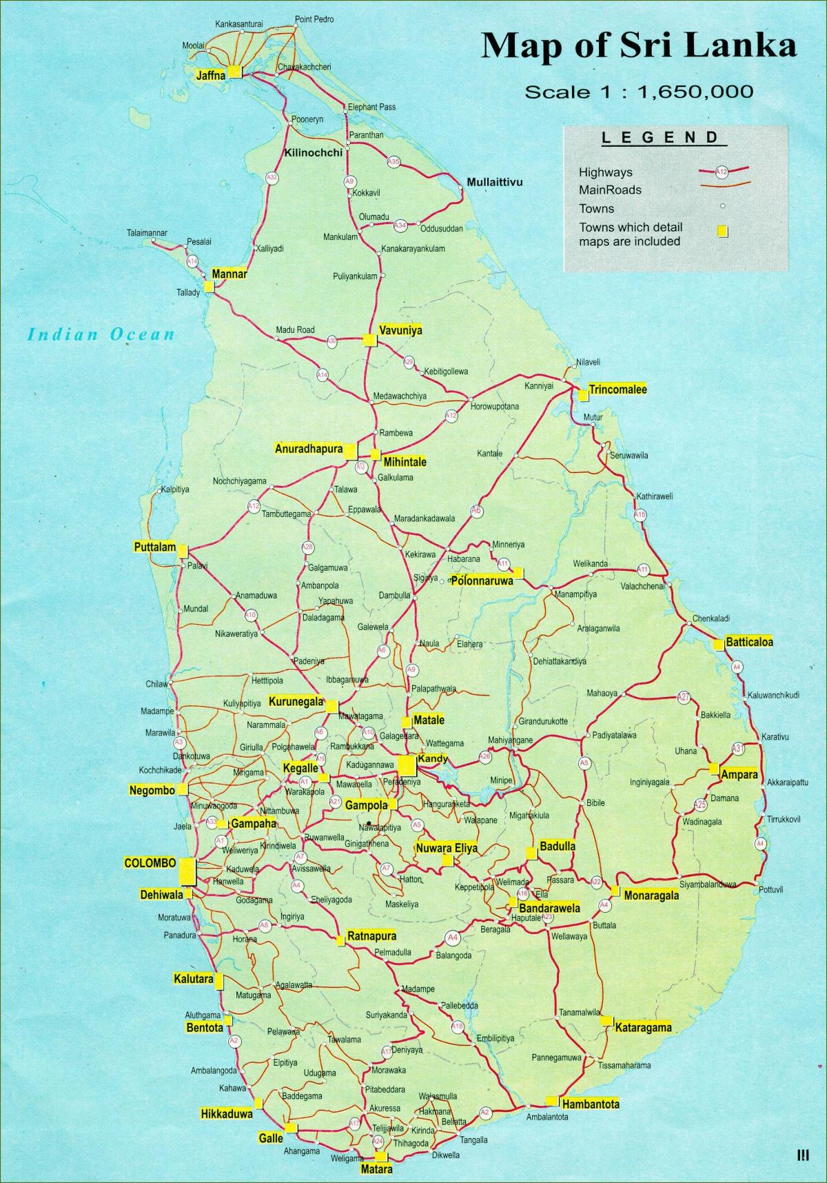 mapa de mapa turístico de Sri Lanka con la carretera