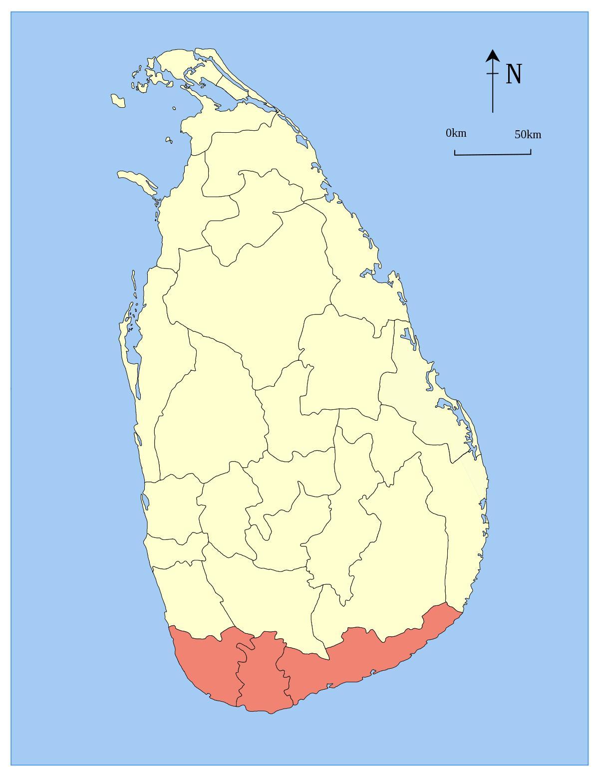 mapa de Sri Lanka, el sur de la provincia de