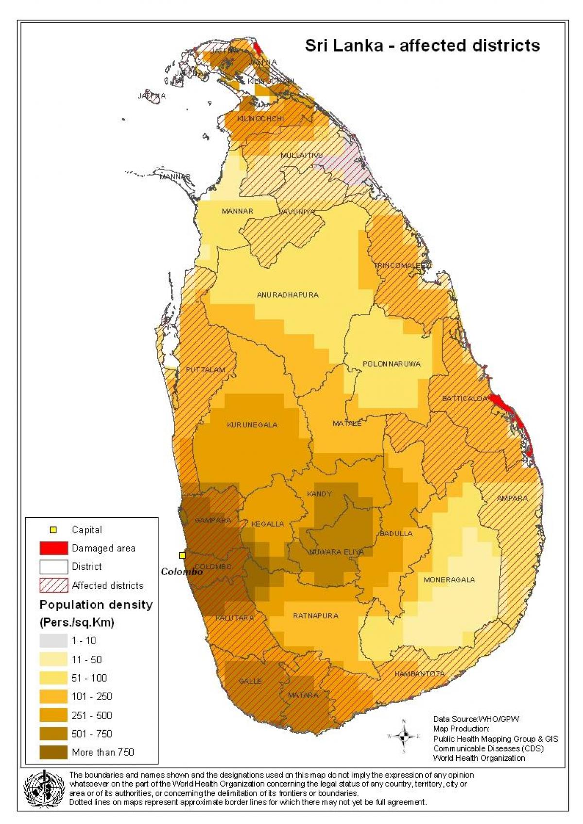 mapa de la densidad de la población de Sri Lanka