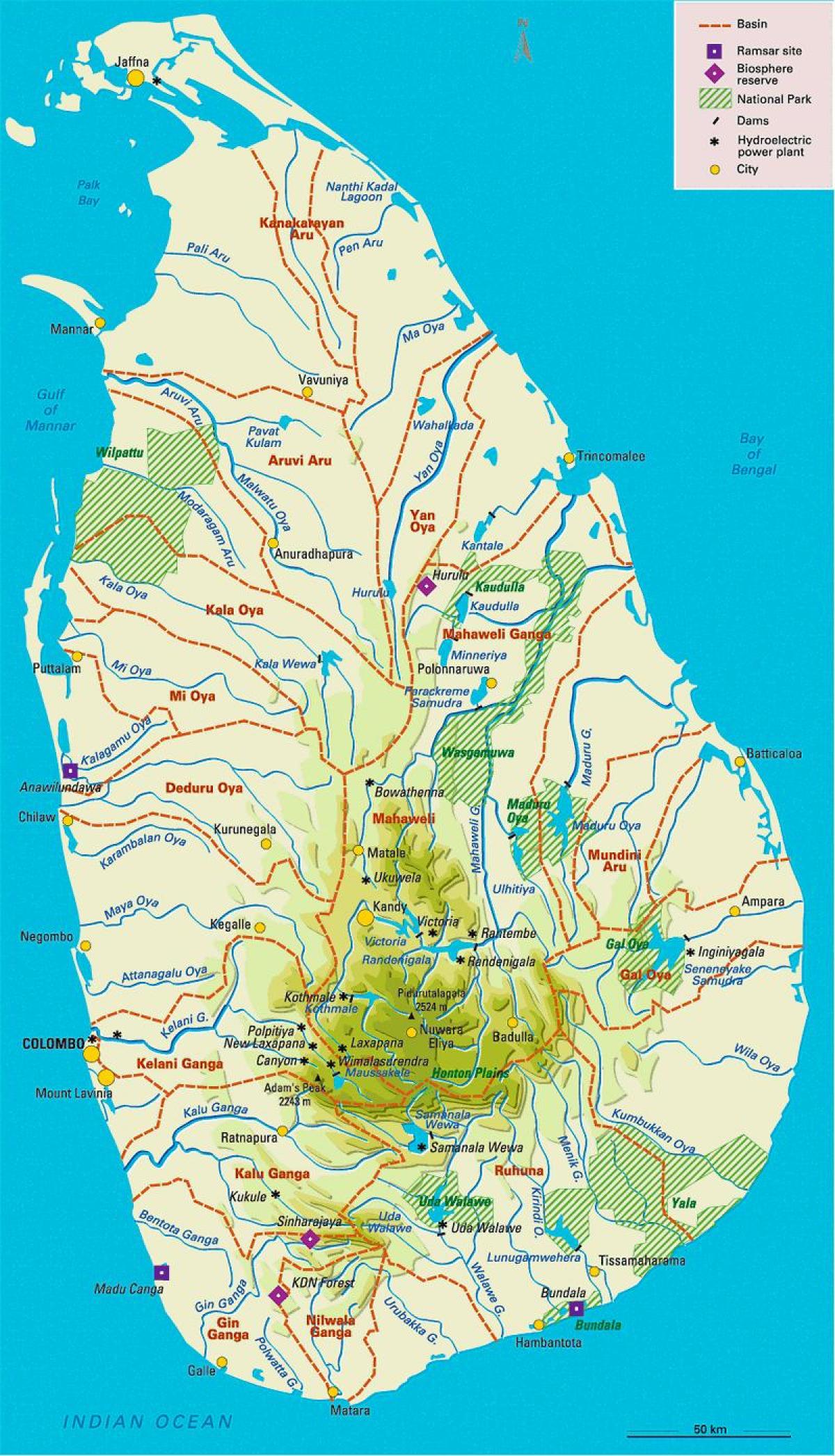 mapa de Sri Lanka embalses