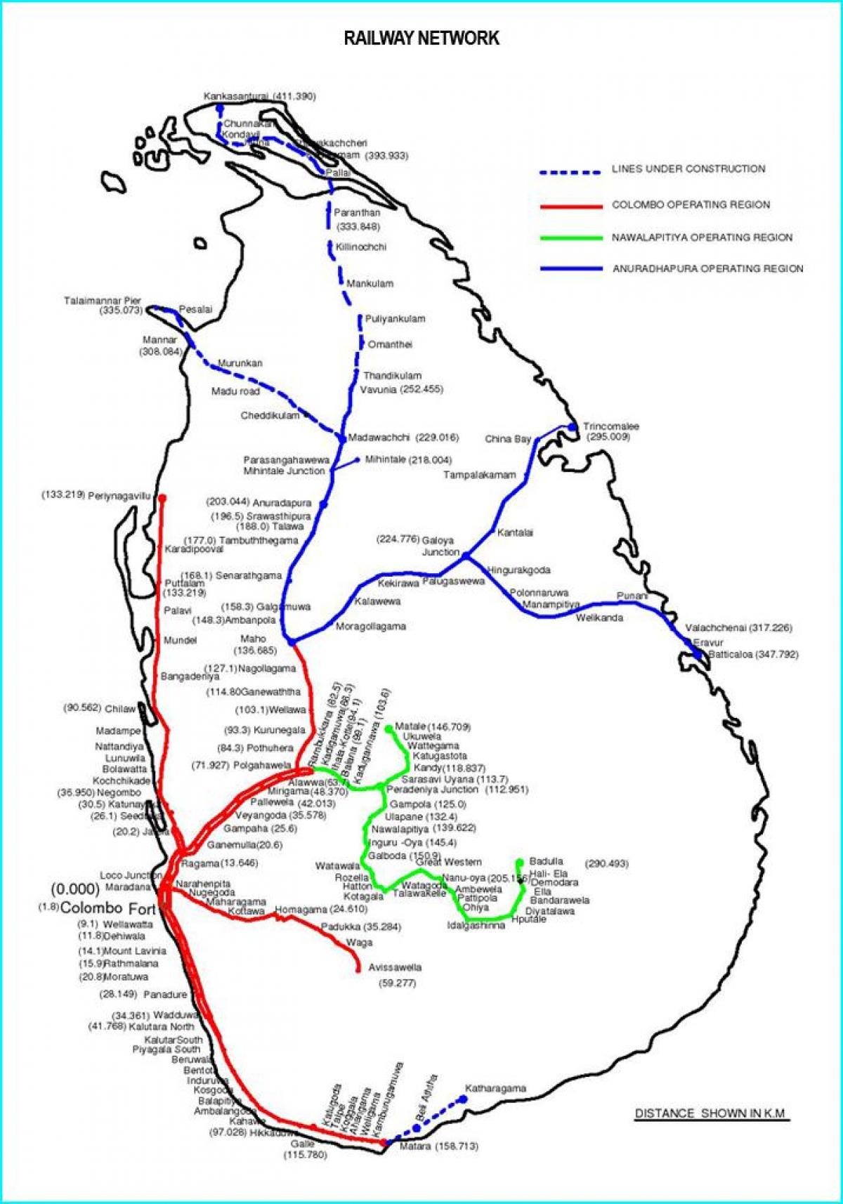 ferrocarril de la ruta de mapa de Sri Lanka