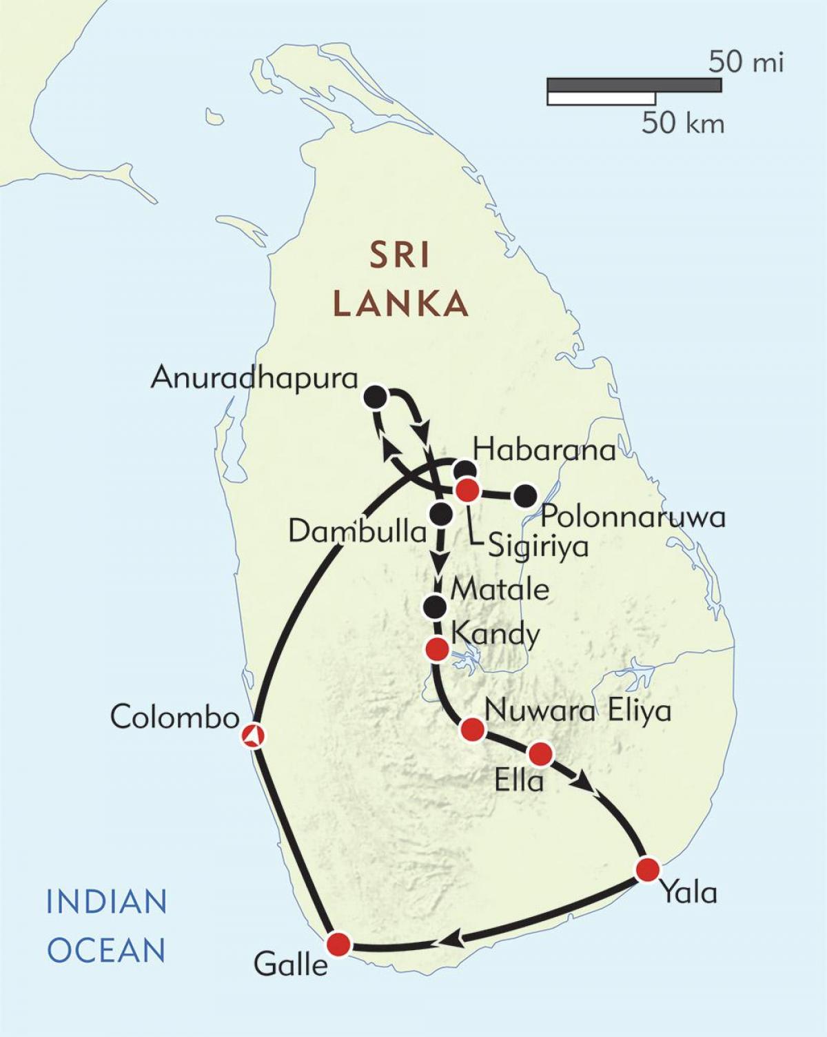 mapa de Sri Lanka itinerario