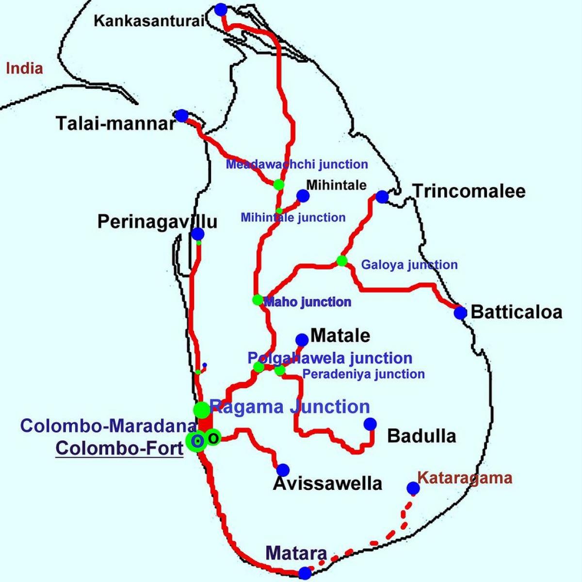 los trenes en Sri Lanka mapa
