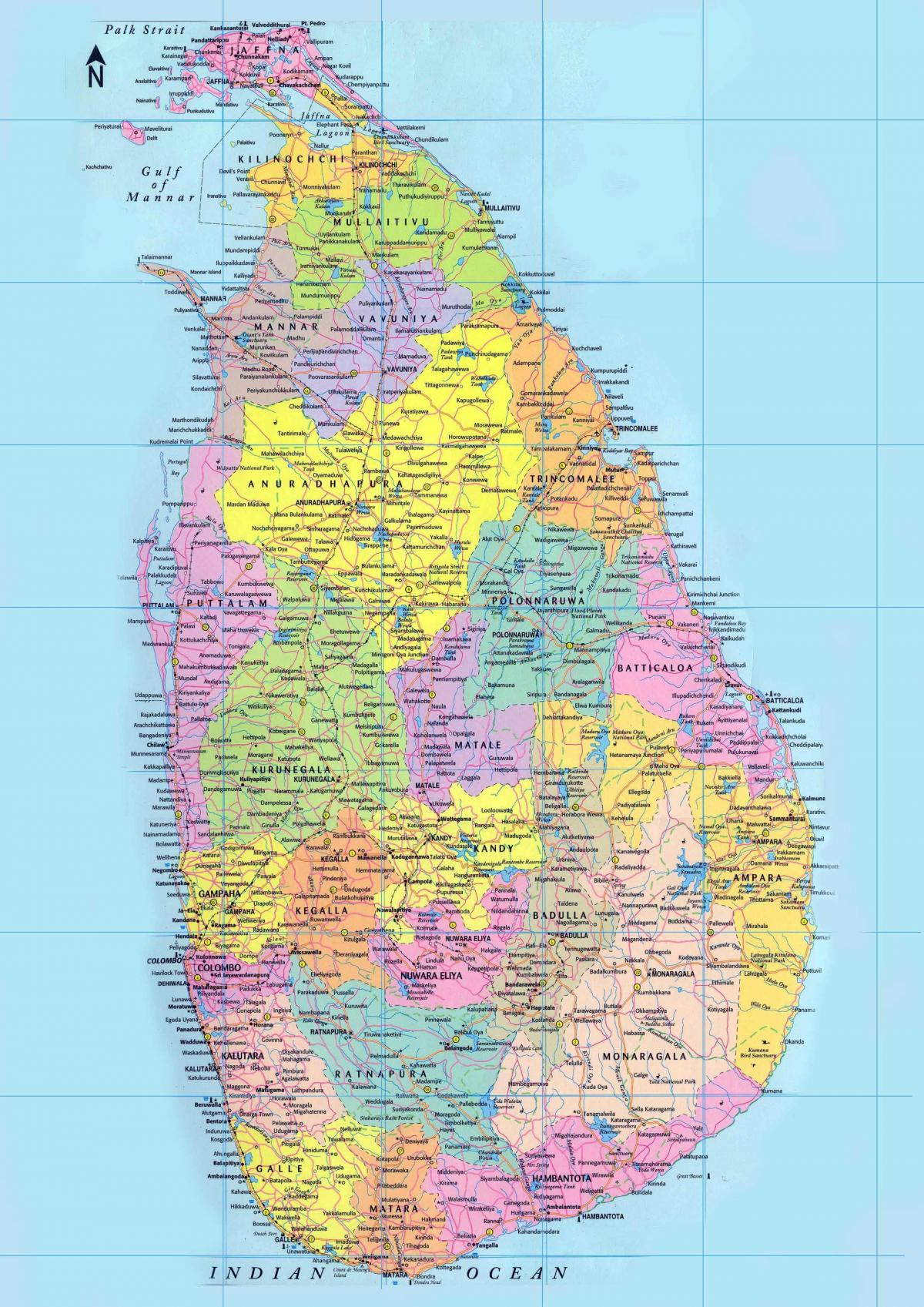 mapa detallado de Sri Lanka, con carreteras