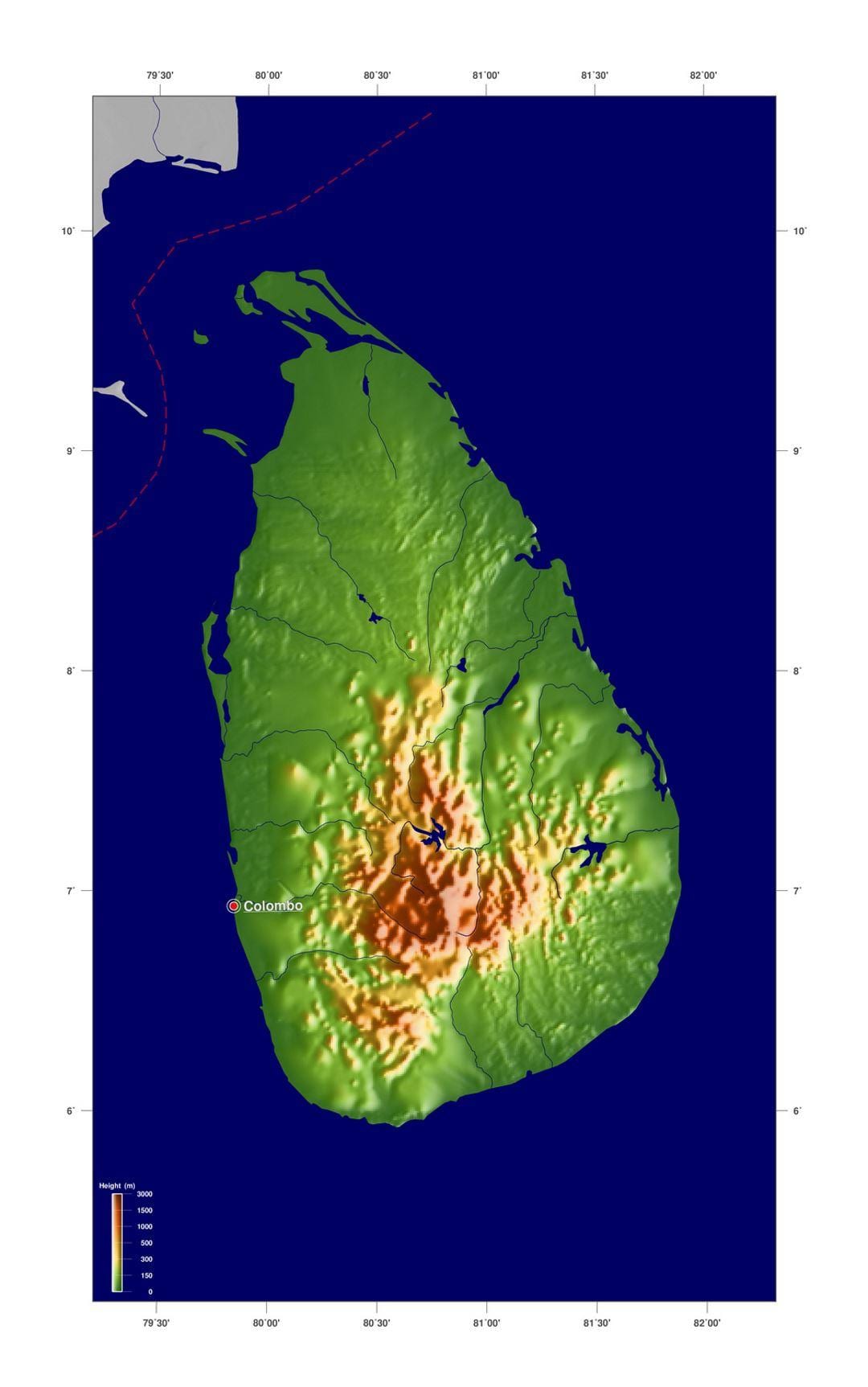 mapa de Sri Lanka elevación